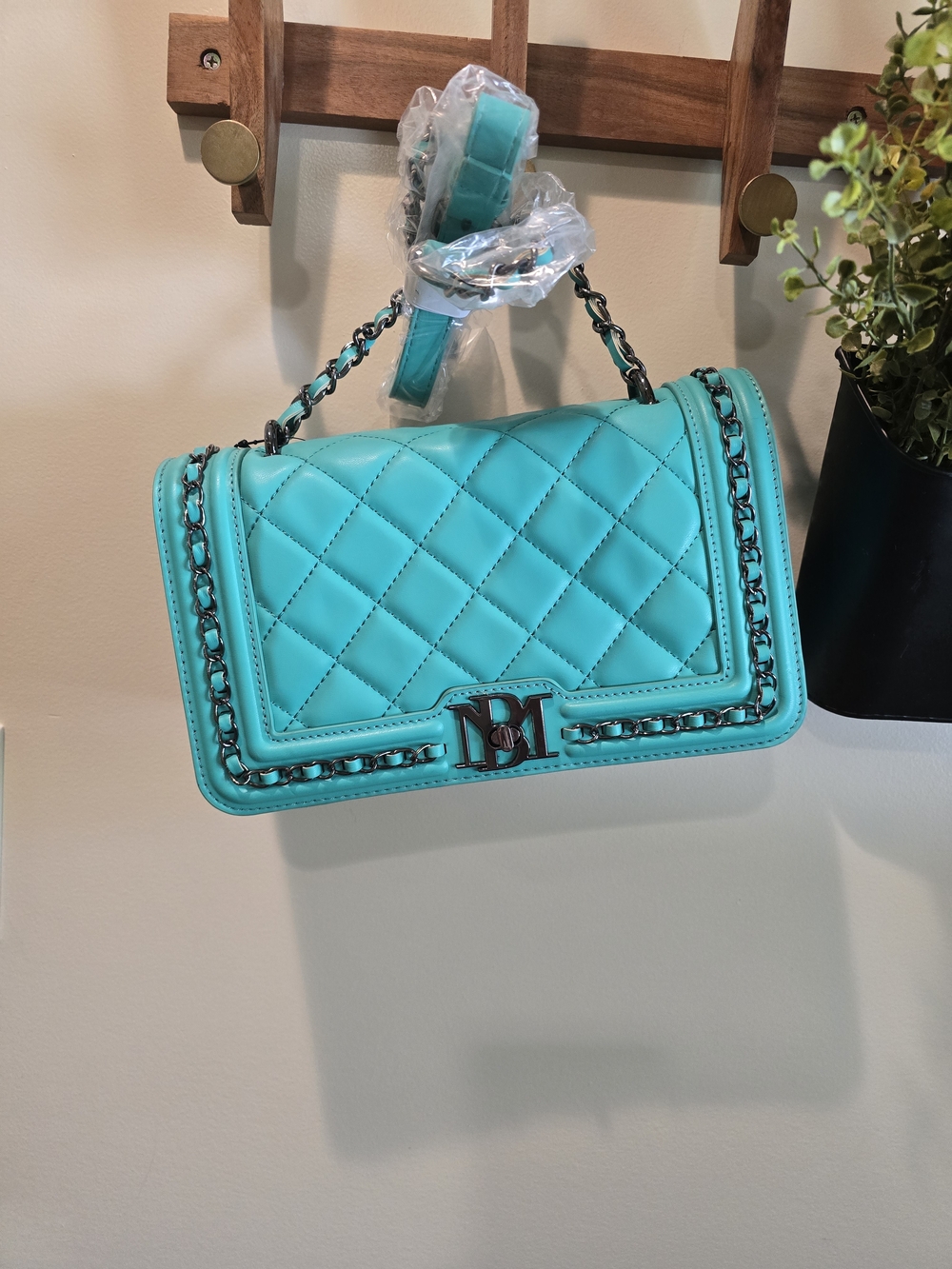 Badgley Mischka Turquoise Quilted Shoulder Bag with Chain Trim